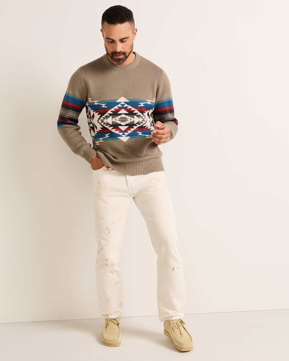 Shop Men's Long-Sleeve Bridge Creek Pattern Cotton Sweater - Pendleton Best Seller